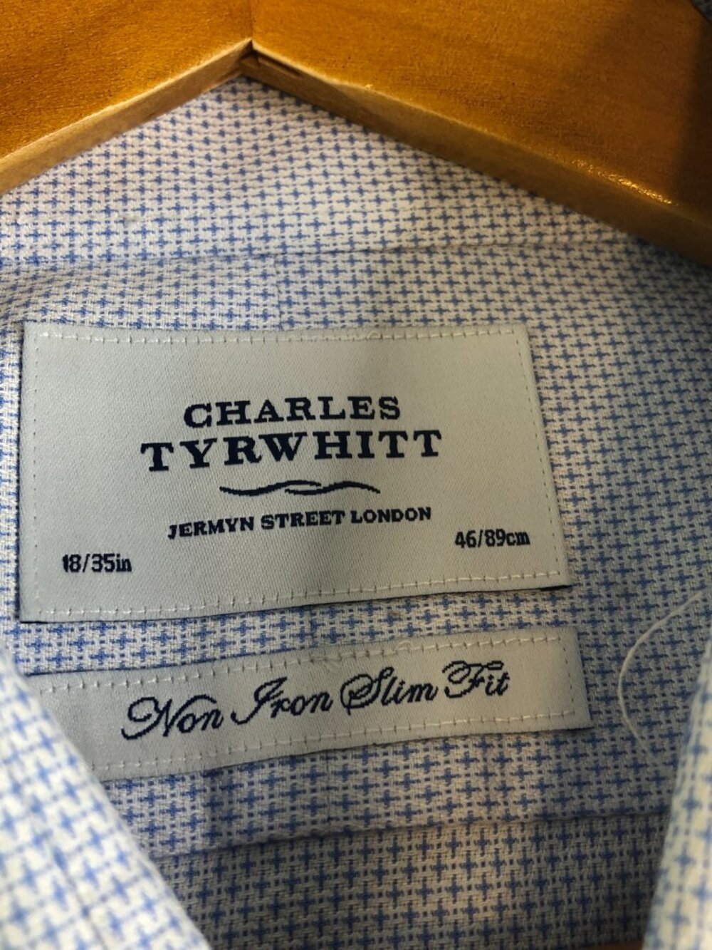 Charles Tyrwhitt Shirt Mens 18 35 Blue Non Iron Slim Fit Micro Check French Cuff - Picture 2 of 9